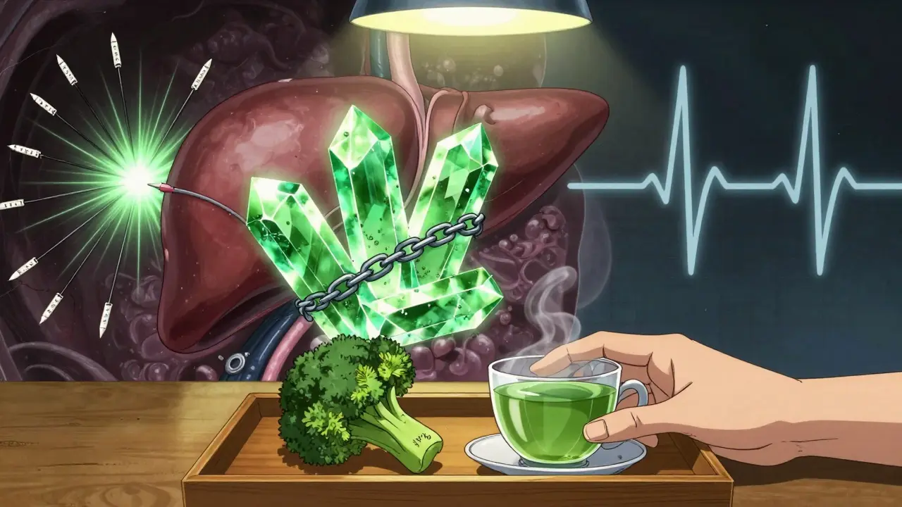 肝臓の中でビタミンKとワルファリンの相互作用を象徴するエネルギーバトルが描かれた医学的ビジュアル。