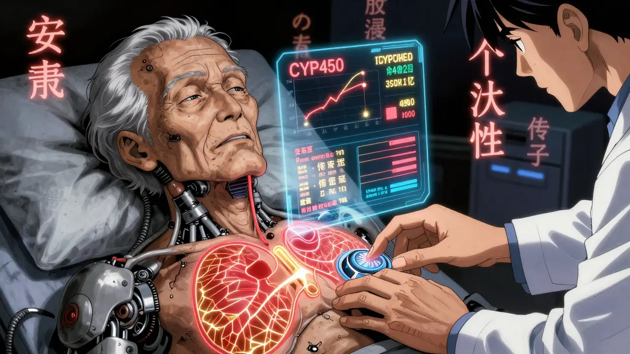 高齢患者の体に浮かぶ遺伝子と腎機能のホログラフィックデータ。医師が用量を調整している様子。