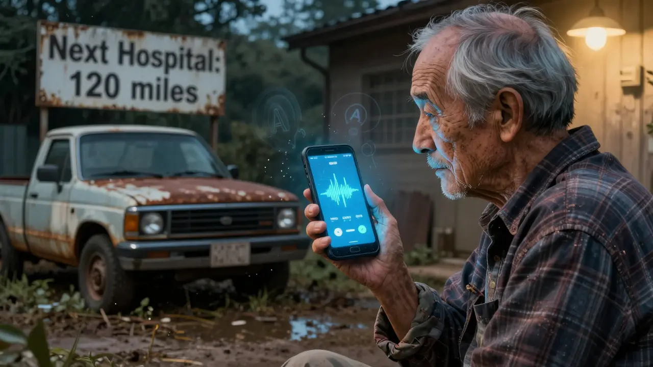 高齢者が音声通話で薬剤師と連絡を取りながら、遠くの病院を望む風景。