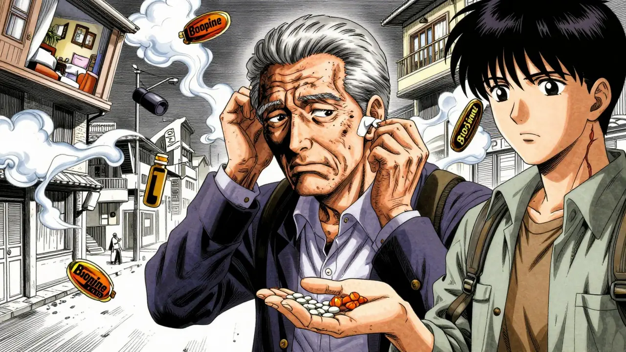 高齢の男性がスコポラミンパッチを外そうとして混乱する様子、幻覚と安全な代替策が対比的に描かれている。