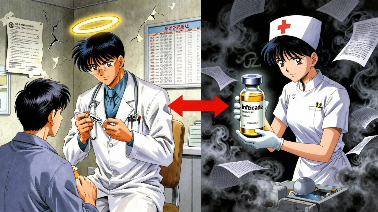 高価な参考薬と安価なバイオシミラーの投与を対比させる医療現場の二重シーン。