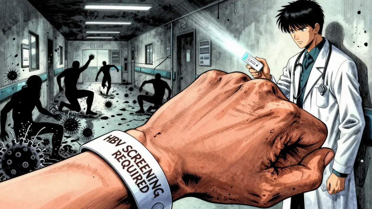 HBV検査の重要性を象徴する手首のブレスレットと迅速検査キットの構図。