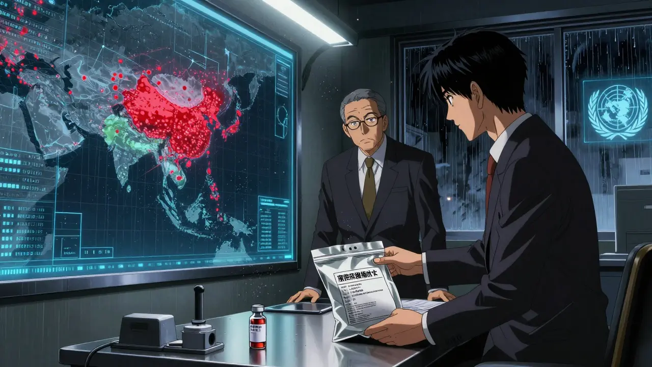 厚生労働省の室内で、偽薬の流通地図と証拠品が描かれた緊迫した場面。