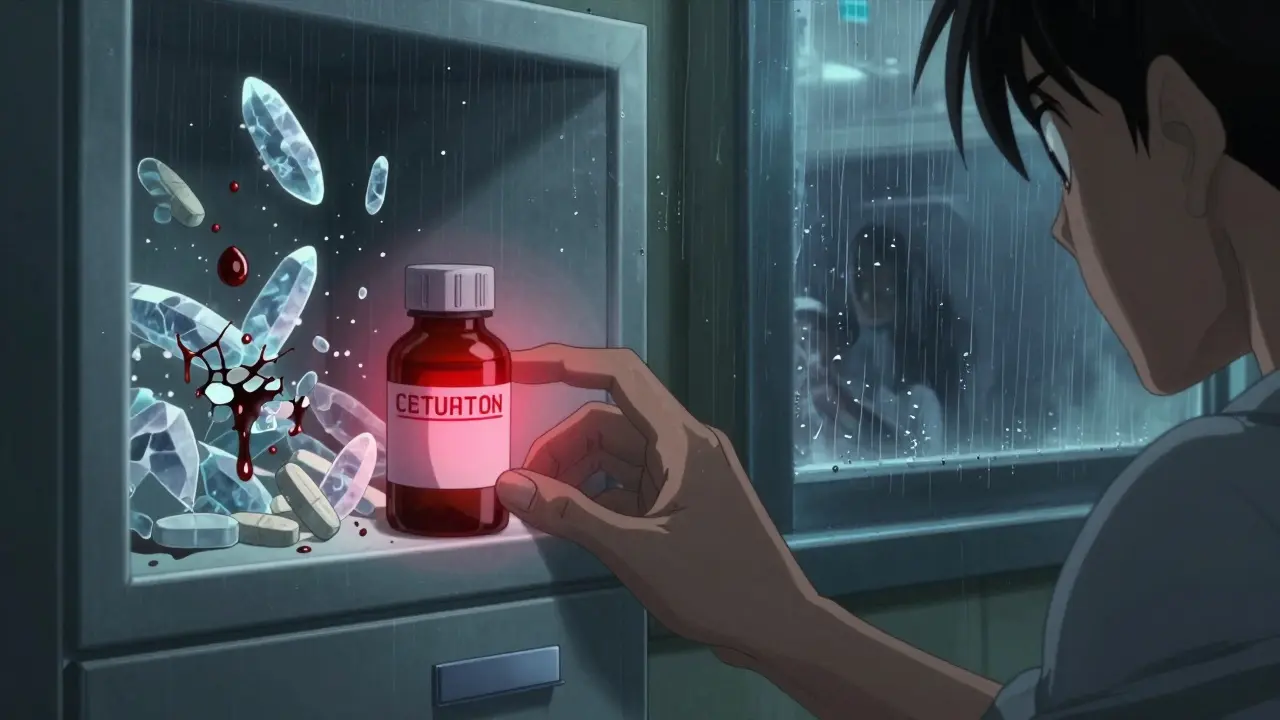 患者が期限切れの薬を手に取り、背景には有毒な化学変化の幽霊のような映像が浮かぶ。