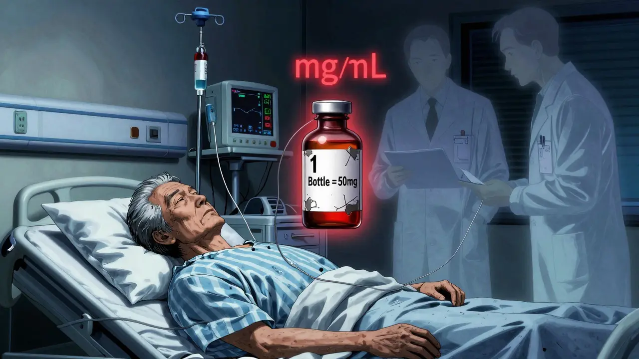 ICUで意識を失った高齢患者の横に、誤ったラベルが浮かぶ悲劇的なシーン。