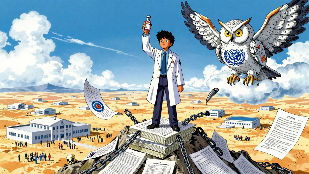 インドの薬剤師が特許の山の上に立ち、ジェネリック薬を掲げ、企業の鎖が砕ける様子。