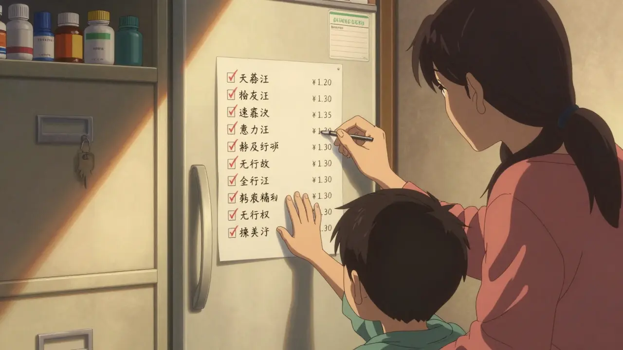 家族が冷蔵庫のチェックリストで薬の服用を管理している。