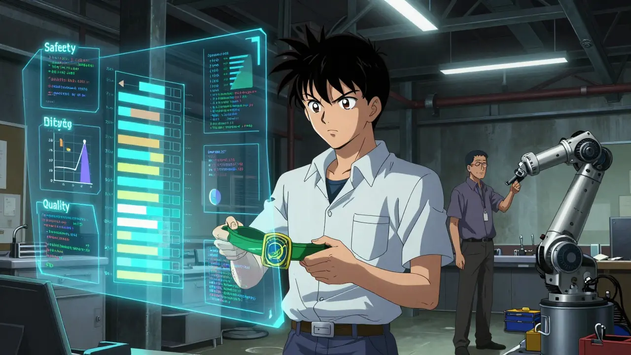 六西格玛グリーンベルト取得者がスキルマトリクスを見つめる訓練風景。