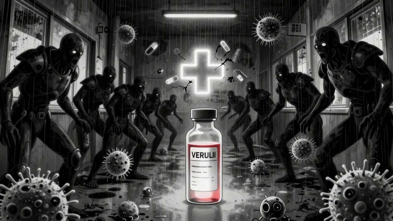 耐性菌に効く最後の切り札であるリネゾリドの薬剤が光を放つ情景。