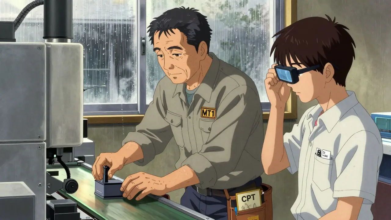 年配の作業員と若手がARゴーグルで共同作業する姿。