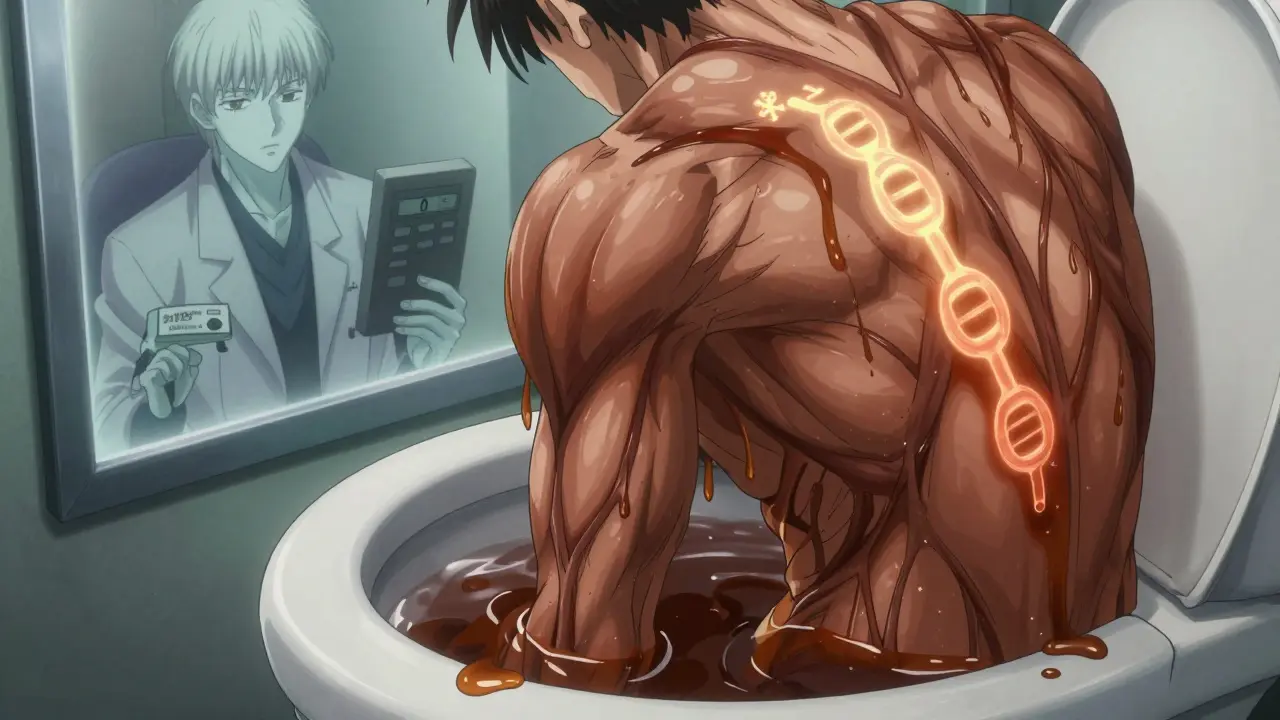 尿が茶褐色に変化する様子と、筋肉繊維が溶ける様子を描き、背中に遺伝子変異の光が浮かぶ臨床的シーン。