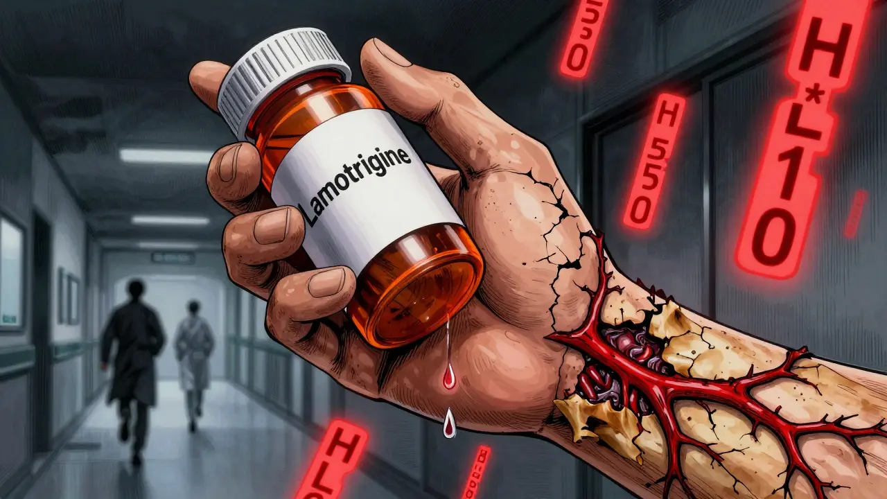 ラモトリジンの薬瓶から皮膚に裂け目が広がり、遺伝子コードが浮かぶ恐怖のシーン。