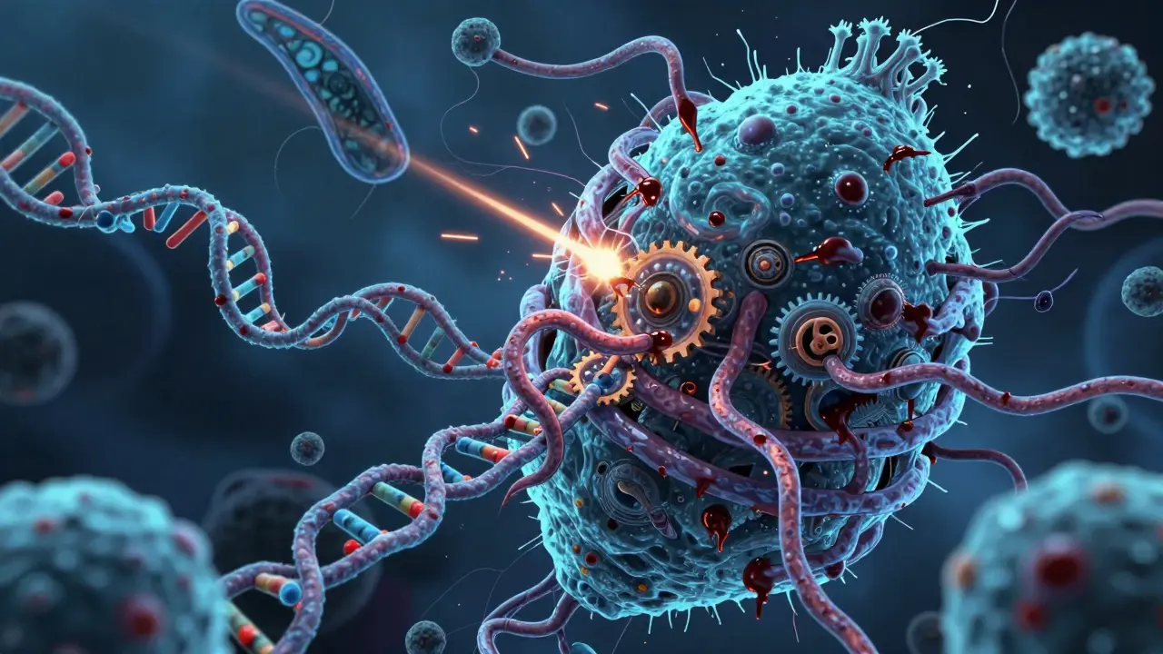 リボソームに巻き付いてタンパク質合成を止める抗生物質の分子の様子。