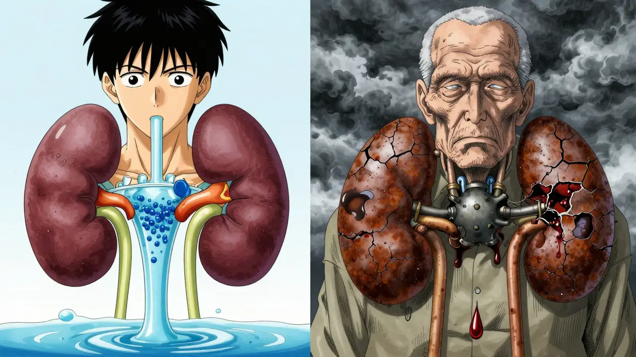若者の健康な腎臓と高齢者の機能低下した腎臓を対比した解剖図。毒素が漏れ出ている様子が描かれている。