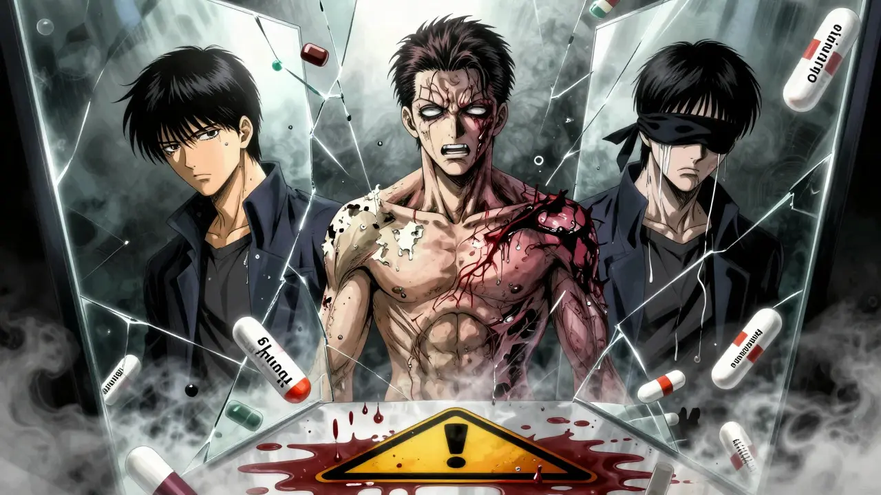 三つの自分を映す破れた鏡。健康な姿、壊死した姿、失明した姿が重なり、薬の名前が空中に浮かぶ。