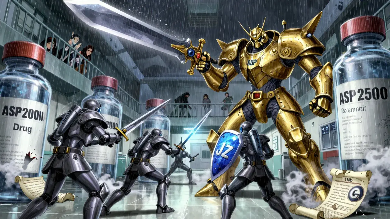 生物製剤の価格戦争を描いた戦場風イメージ、金鎧の参考薬と灰鎧のバイオシミラーが対峙。