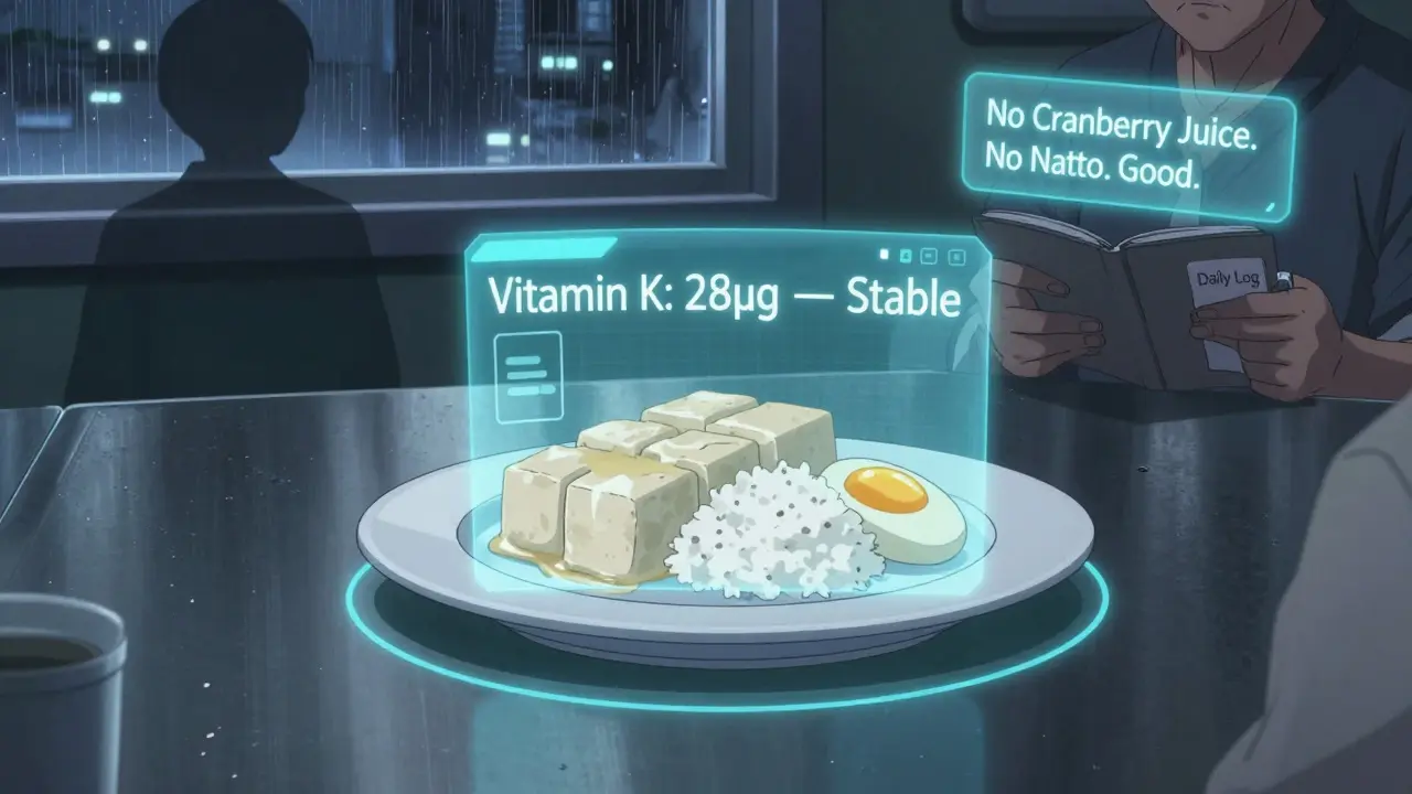 スマートプレートが食事のビタミンK量を分析し、安定を示すホログラムを表示している未来の食事シーン。