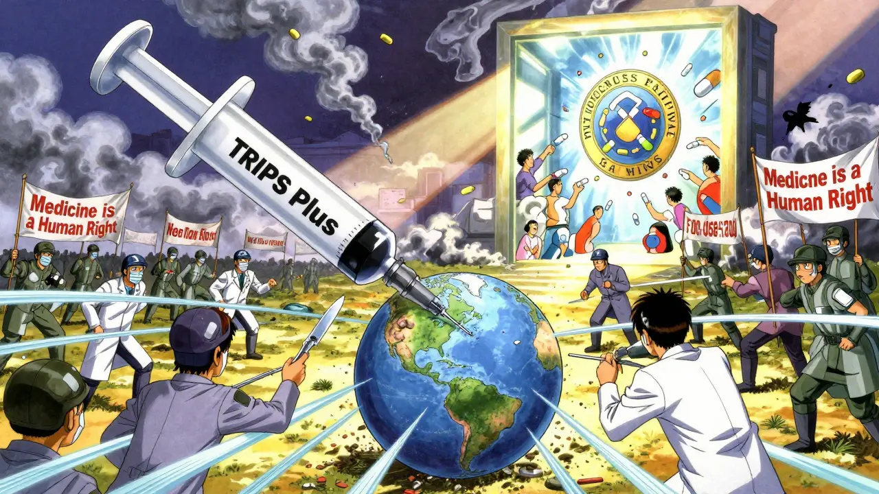 TRIPS Plusの巨大注射器が地球を貫き、医薬品を守る反乱軍と戦う幻想的な戦場。