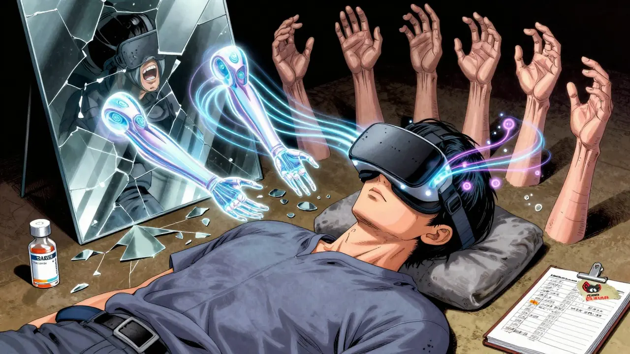 VRヘッドセットを着用した患者の周囲に浮かぶデジタル幻肢と、割れた鏡の断片が映す複数の幻肢。