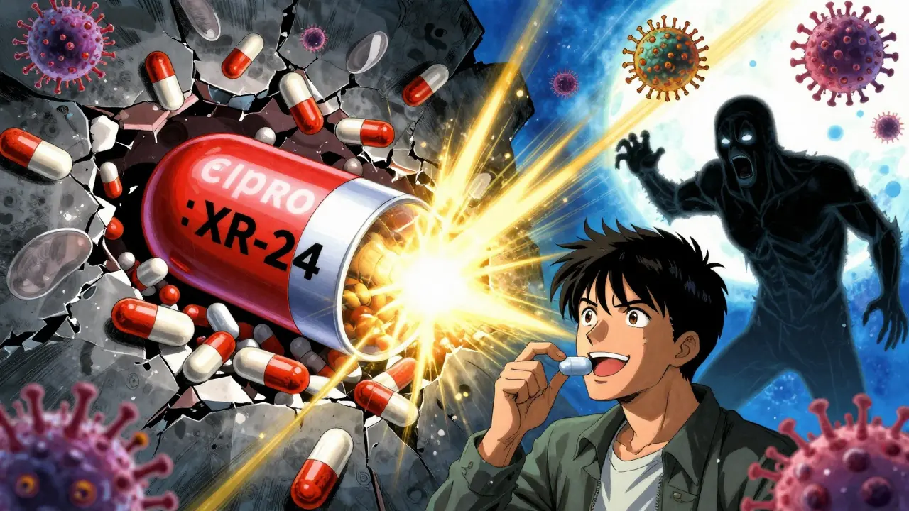 新しい抗生物質Cipro XR-24が従来の抗酸薬を破り、耐性菌が後退する象徴的なシーン。