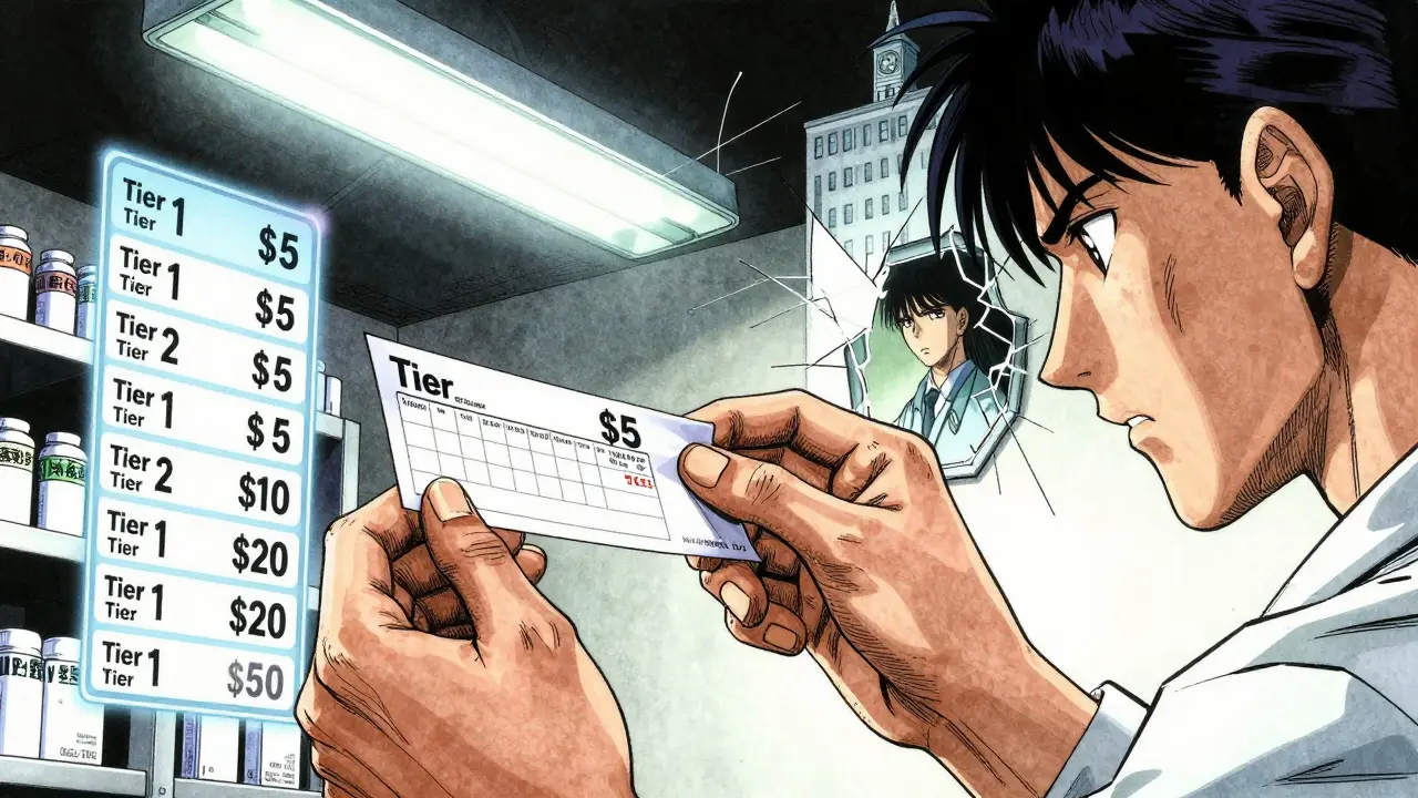 薬剤師が処方箋をスキャンし、薬の価格段階のホログラムが浮かぶ緊張した瞬間。