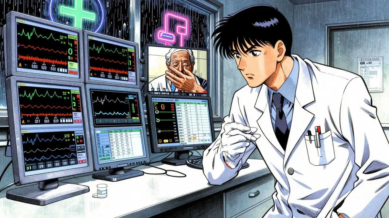 薬剤師が遠隔地の患者のバイタルデータを監視する様子。