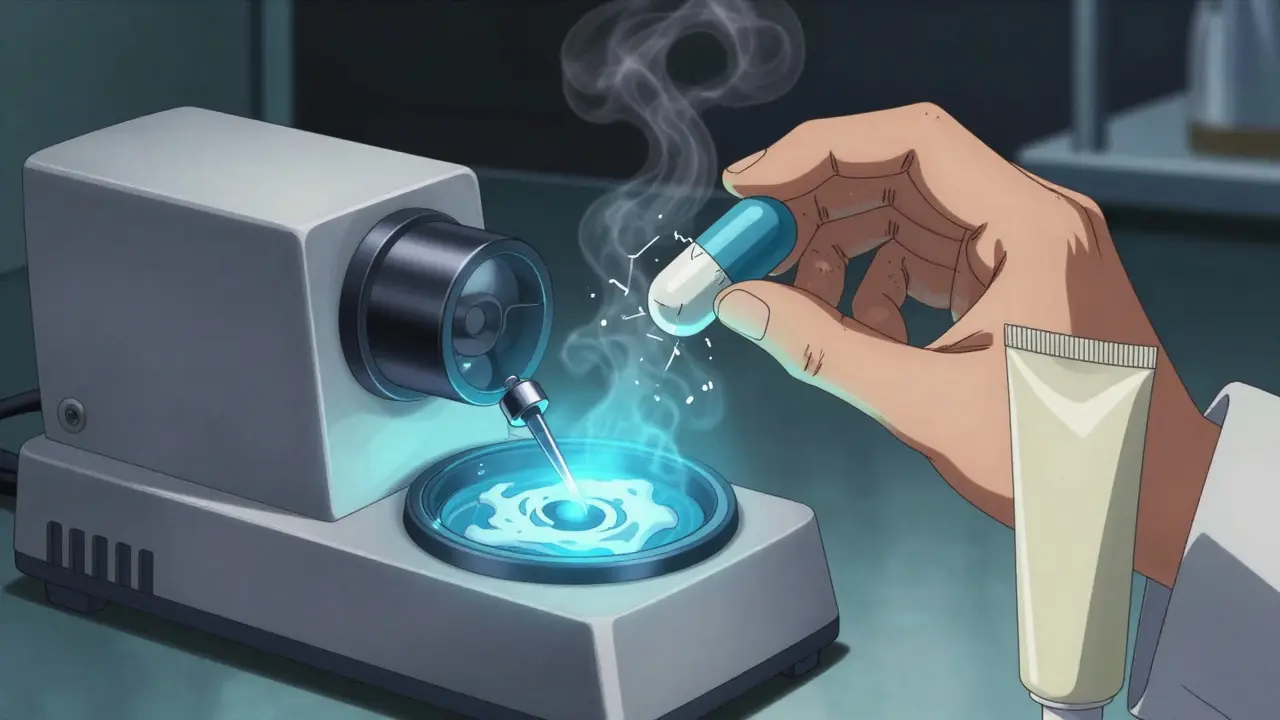 薬剤師がラマン分光計で液体薬を分析し、油と水分が分離した軟膏が横に置かれている。