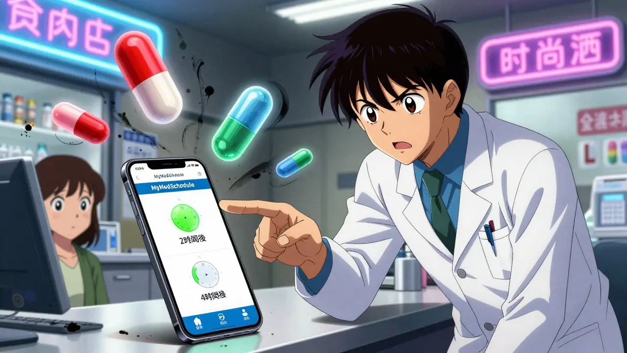 薬剤師がスマートフォンの服用タイミングアプリを指差し、患者が真剣に見つめるシーン。