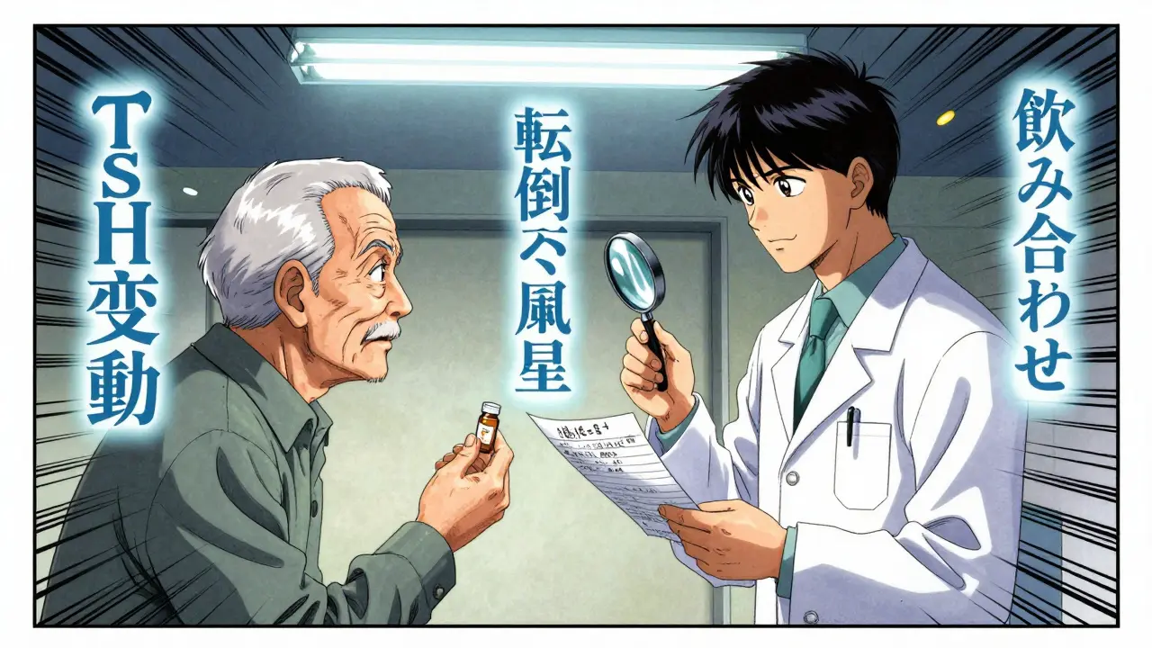 薬剤師と高齢者が薬のリストを確認し、空中に浮かぶ警告の文字が医療リスクを示す。