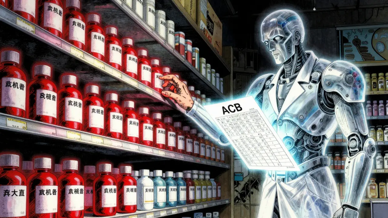 薬局の棚で安全と危険な薬が光で分かれ、高齢者の手と薬剤師の守護者像が対峙