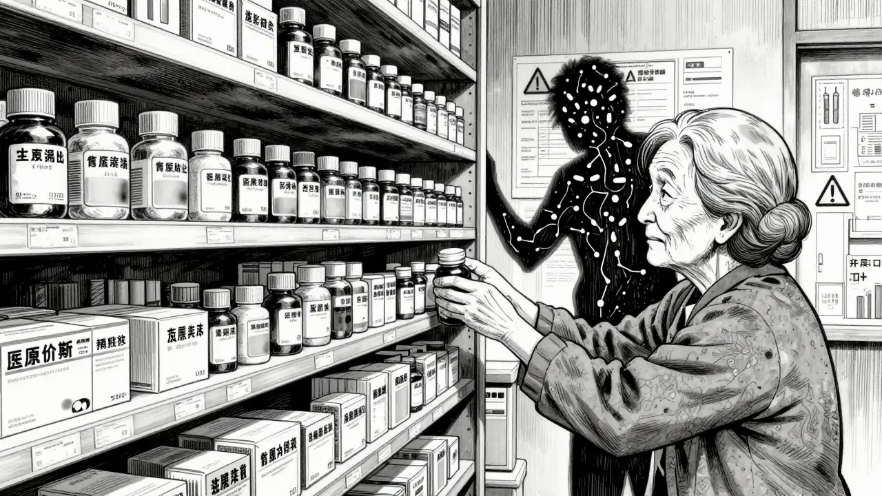 薬局の棚に歪んだジェネリック薬と整ったブランド薬が並び、薬の相互作用が影となって怪物のように伸びる。