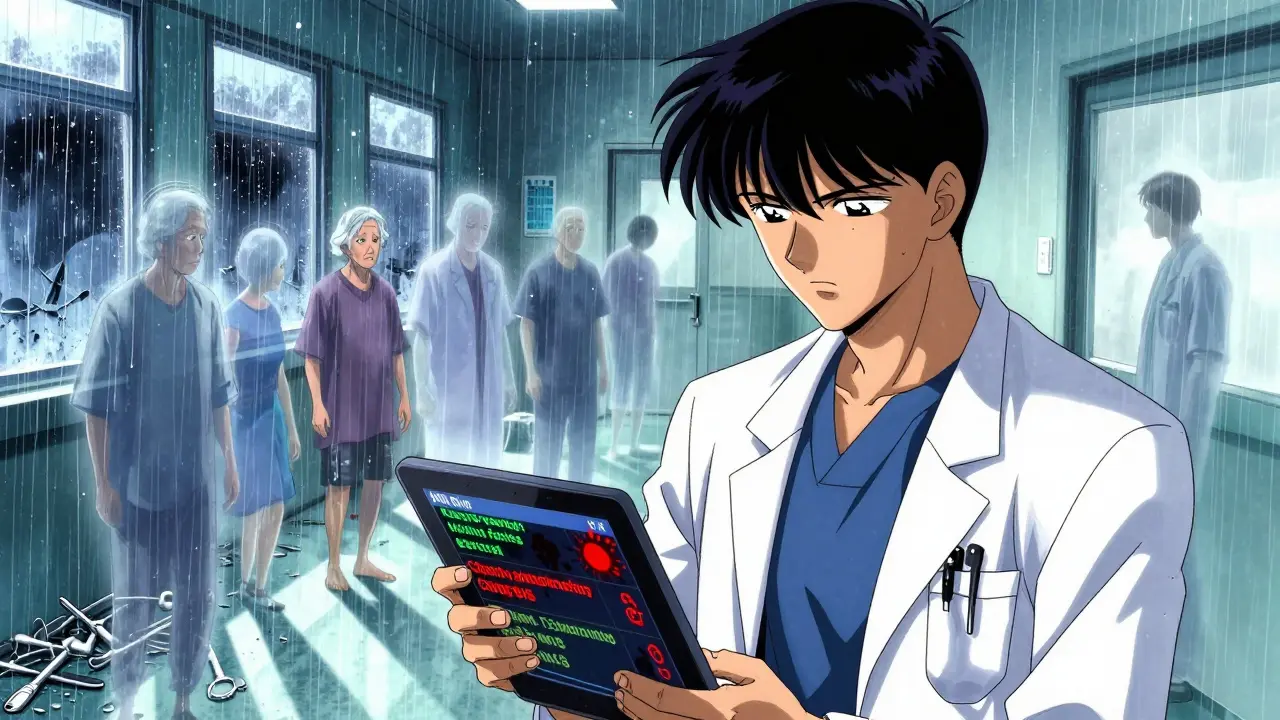 医師がリアルタイムの副作用データを眺め、患者の幽霊が背景に浮かぶ病院の廊下。
