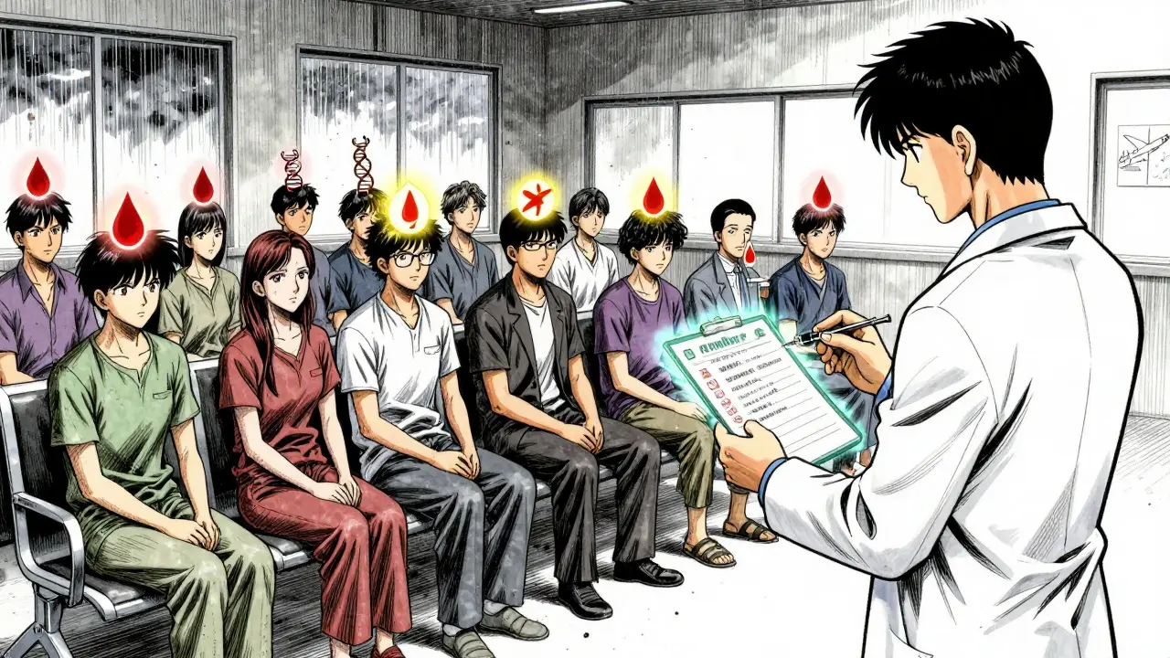 異なる患者がリスクシンボルと共に診察室で待つ、医師がチェックリストを持つ場面