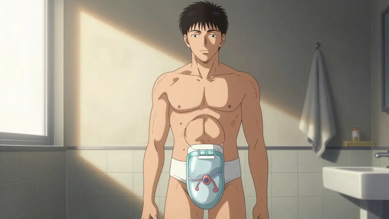永久人工肛門を持つ人物が朝の浴室で静かに立っている。