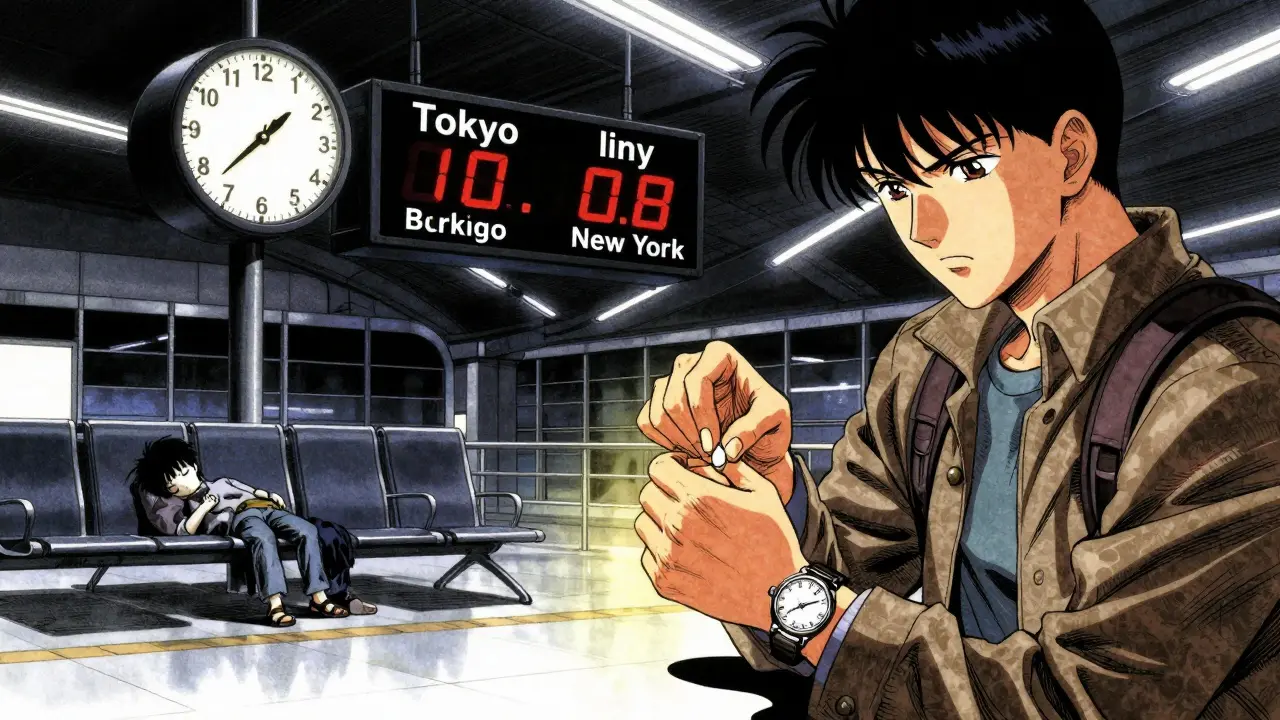 真夜中の空港でメラトニンを服用する旅人、時計の時差と光の輝きが時差ボケの調整を象徴している。