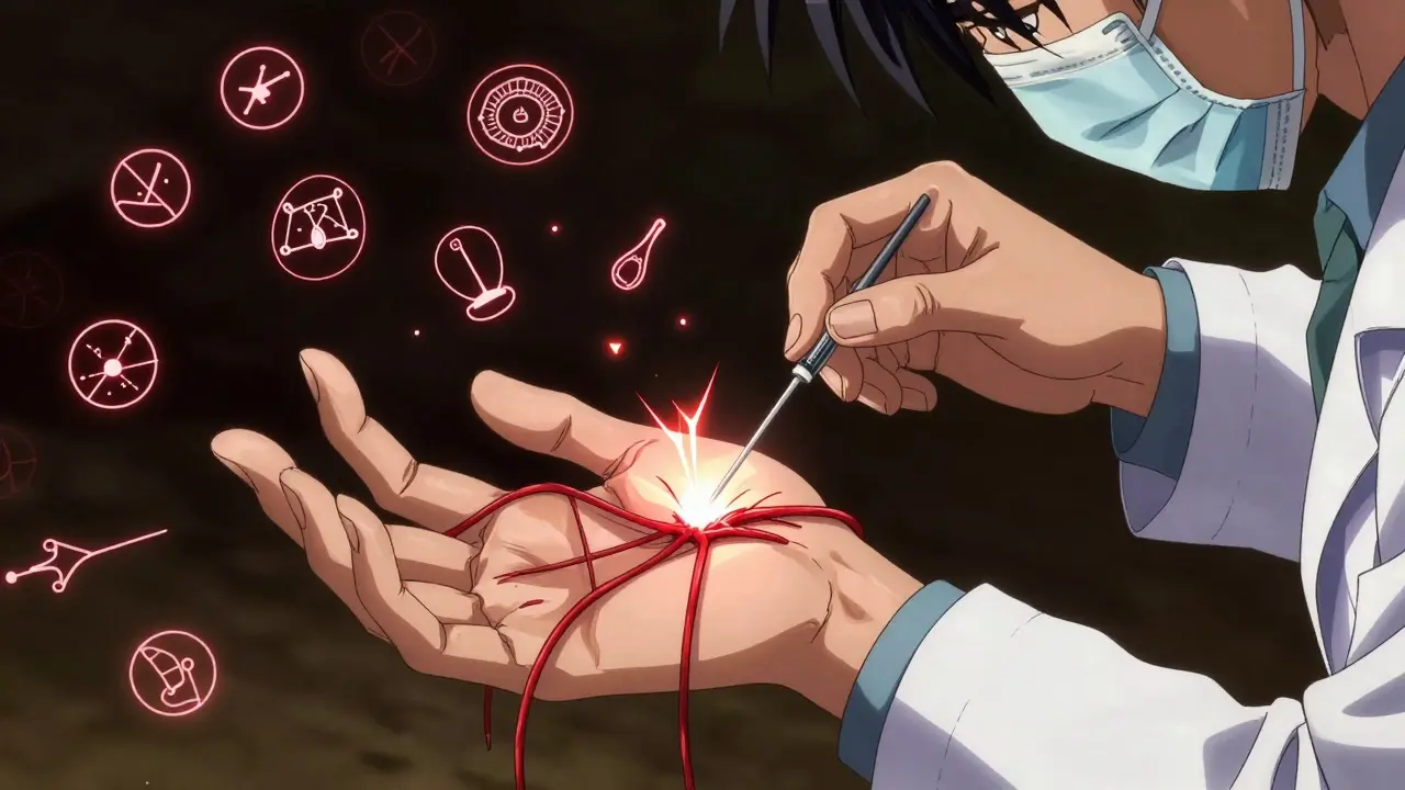 針で腱膜を切断する瞬間、指が急に伸び始める臨床シーン。