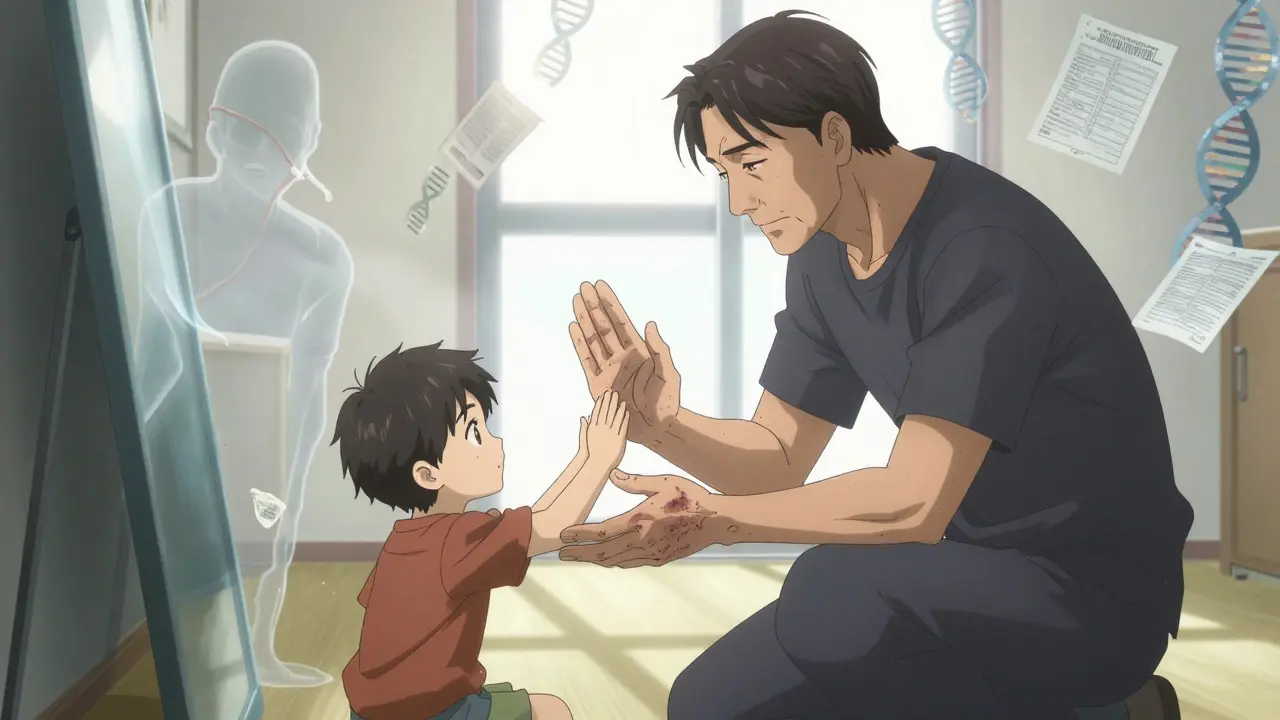 治癒した手が孫の手と重なり、過去の変形が灰になって消える光景。