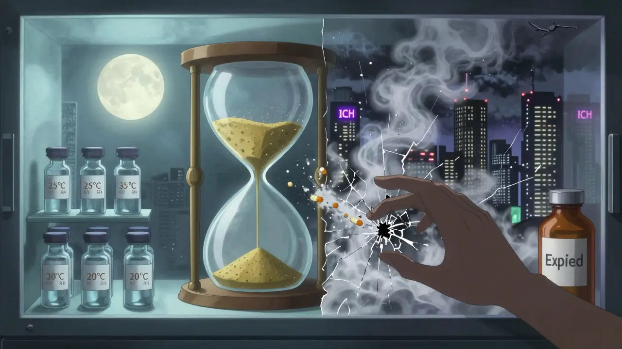 25°Cと30°Cの気候条件が対比される薬品試験の幻想的シーン、時間と品質の戦いを表現。