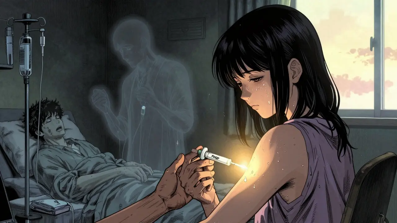 5分の注射を受けている女性。過去の長い化学療法の幻影が消え、静かな朝の光に包まれている。