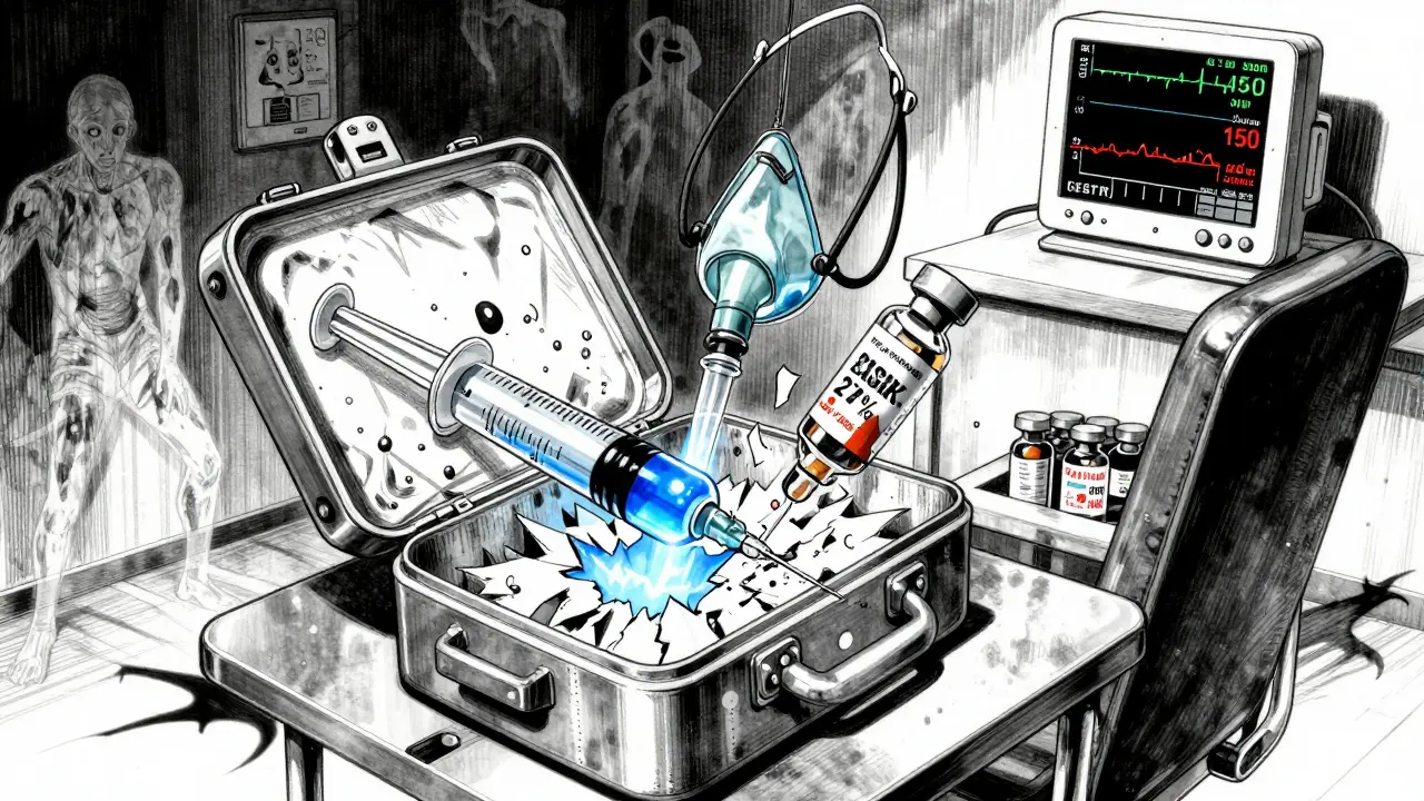 アナフィラキシー緊急キットが開かれ、エピネフリンや酸素マスクが並ぶ医療現場。