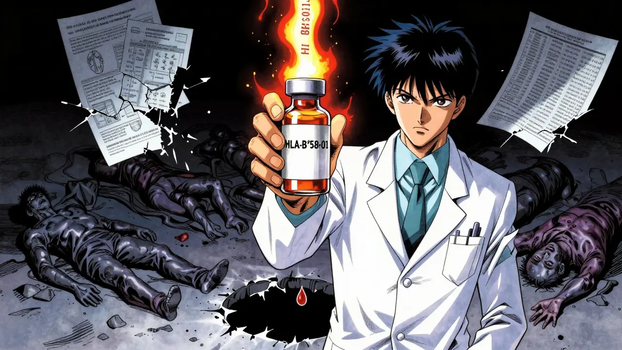 アロプリノールの薬剤と遺伝子コードHLA-B*58:01の危険な関係を、鋭い線と影で表現した構図。