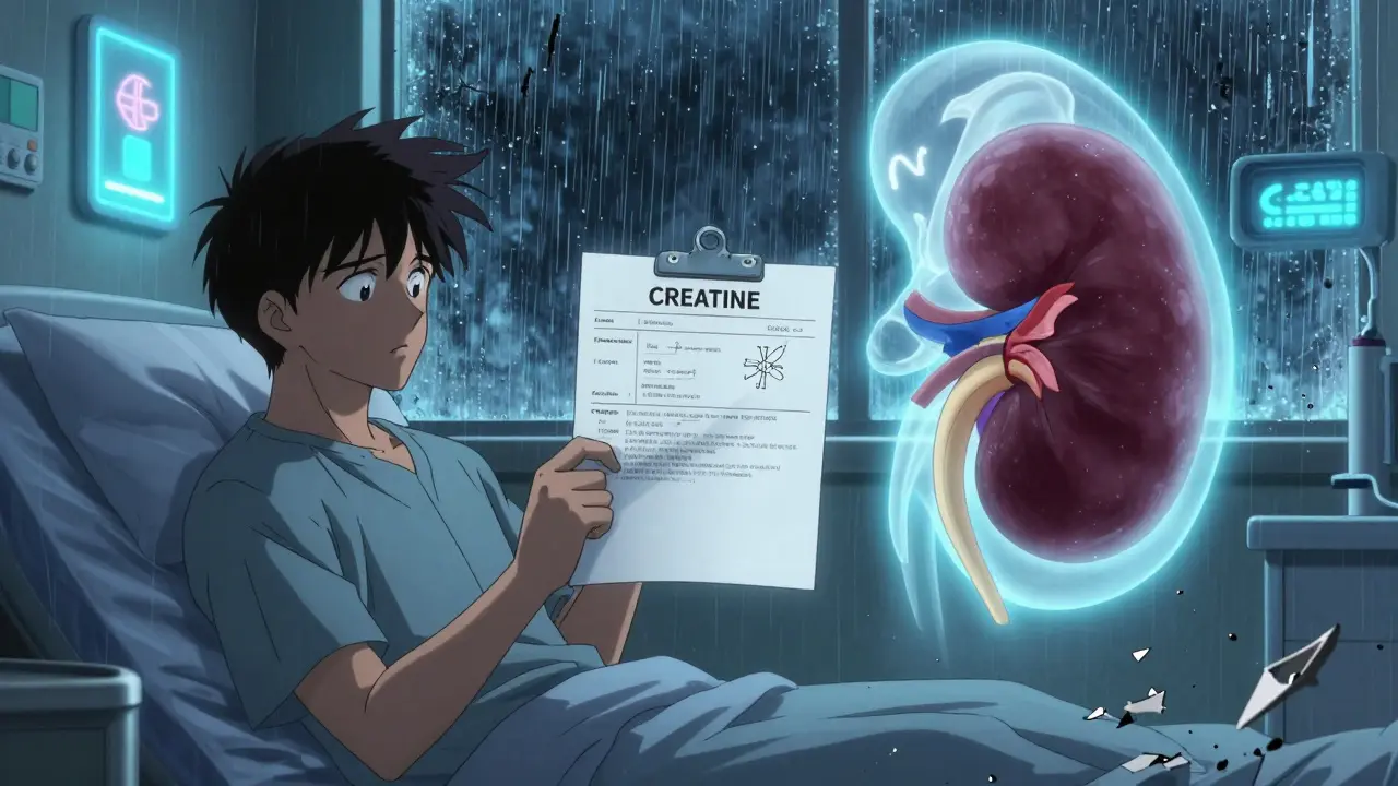 病院で検査結果を見つめる患者と、健康的な腎臓の幽霊が対比する漫画スタイルのシーン。