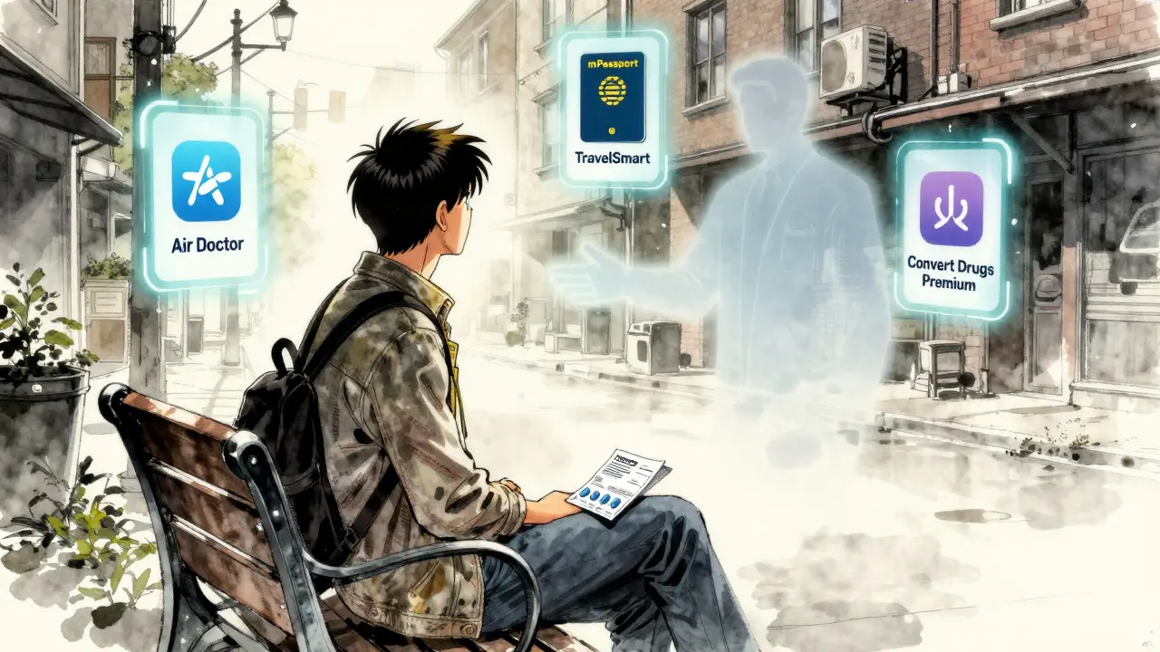 朝の街で旅行アプリのホログラムに囲まれる旅人、処方箋と薬のパッケージを握る