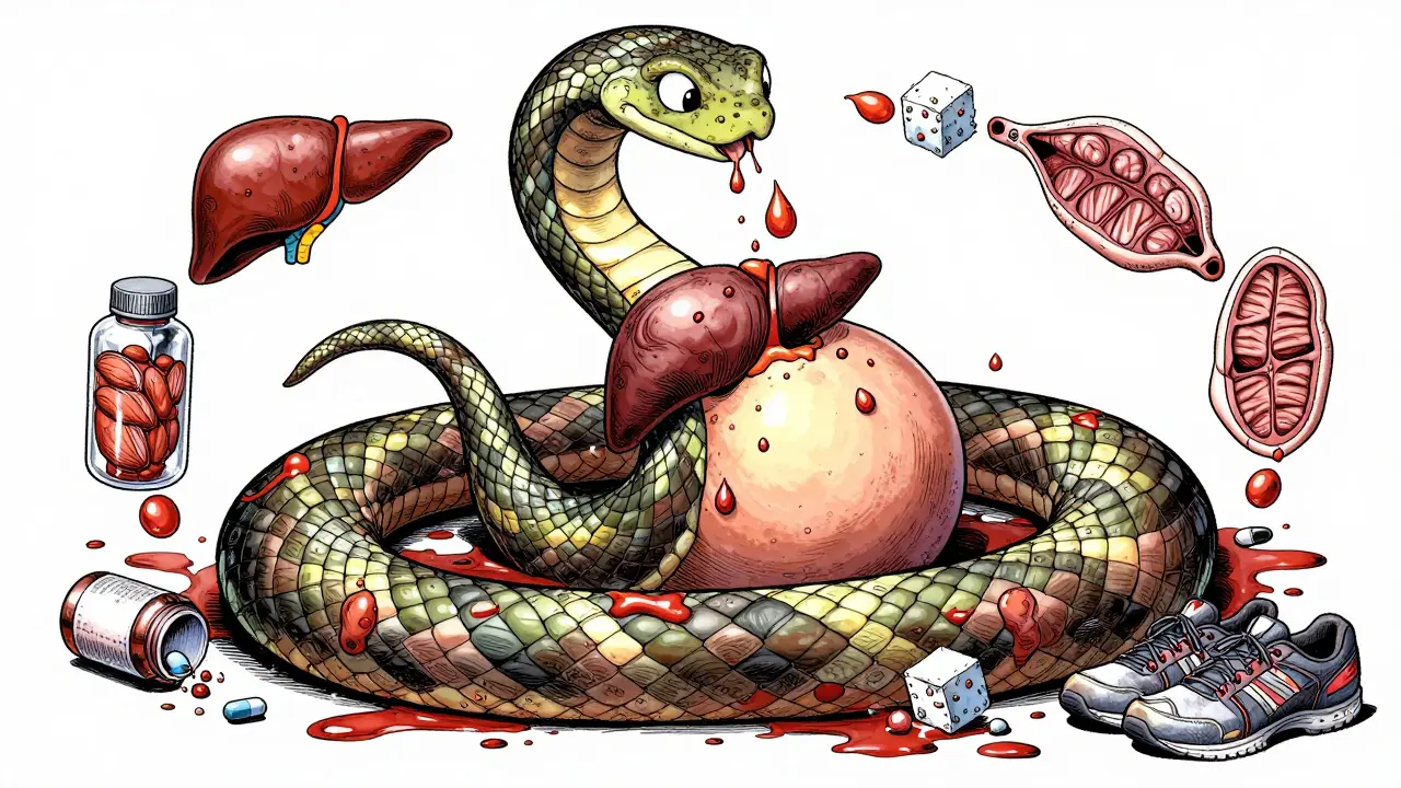 代謝症候群の悪循環を蛇の形で描いた象徴的なサイクル図。