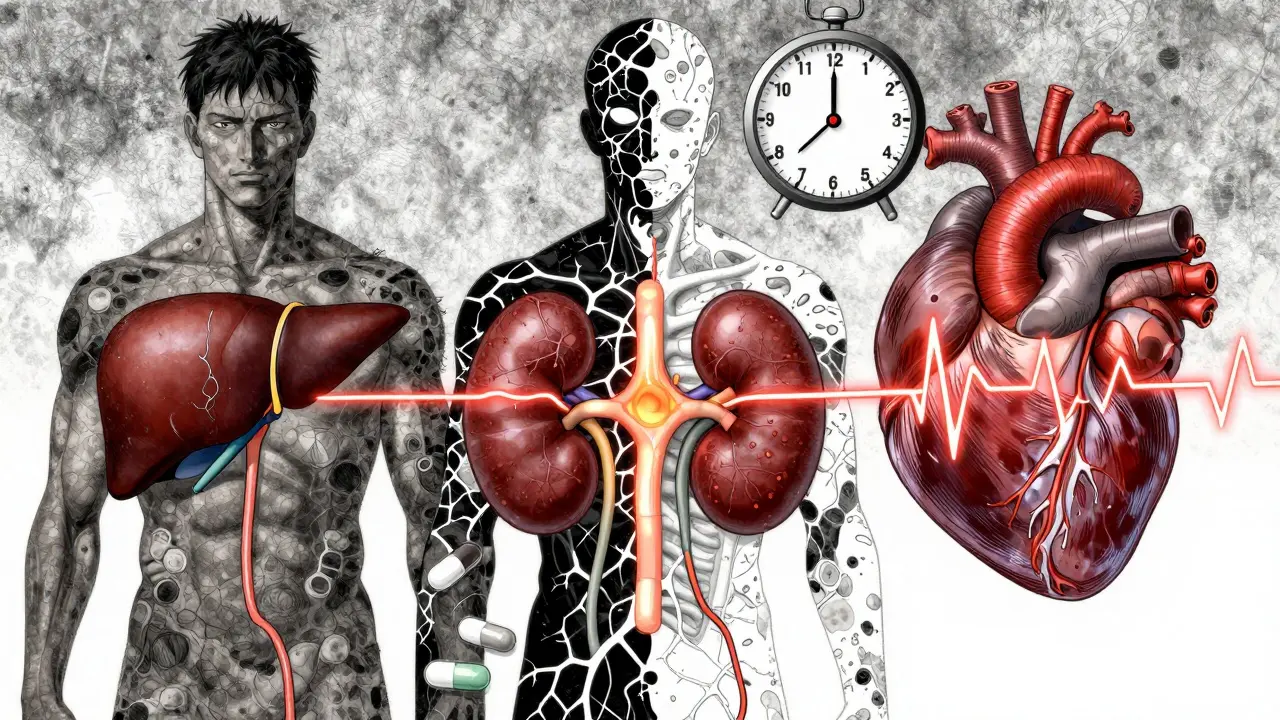 肝臓、腎臓、心臓に及ぶ臓器障害とステロイド治療の時間的緊迫さを象徴する人体断面図。
