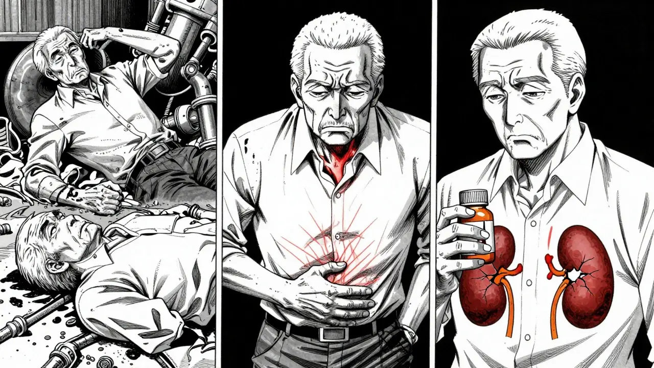 高齢者が抗ヒスタミン薬やPPIで体に深刻な影響を受けている様子。