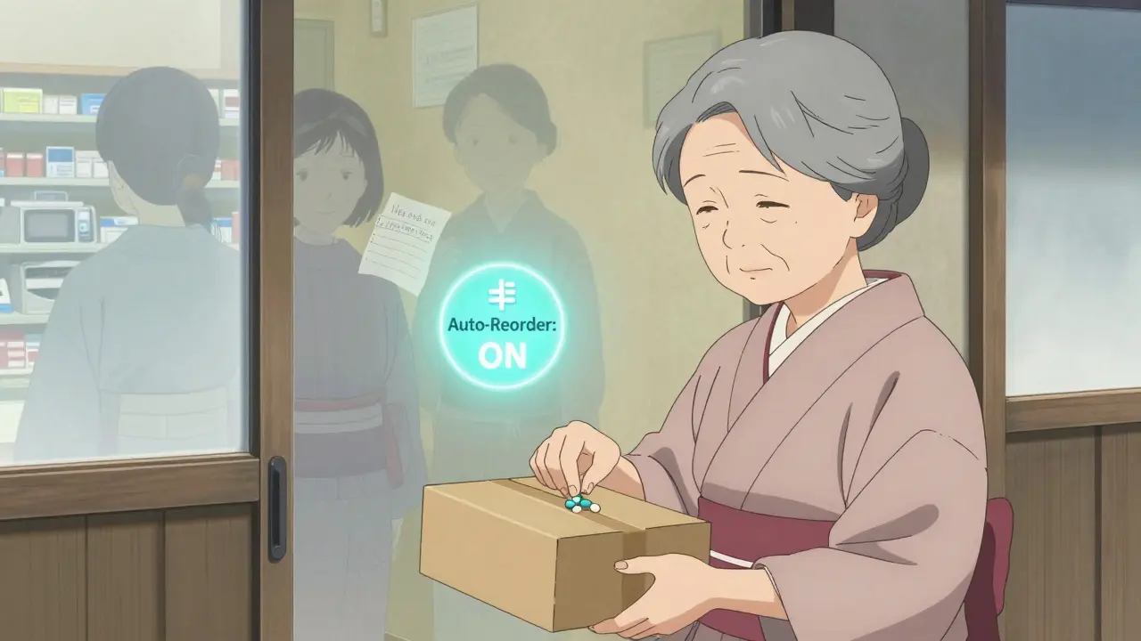 高齢の女性が自宅でオンライン薬局から届いた薬を受け取る、過去の薬局通いが霧のように消える