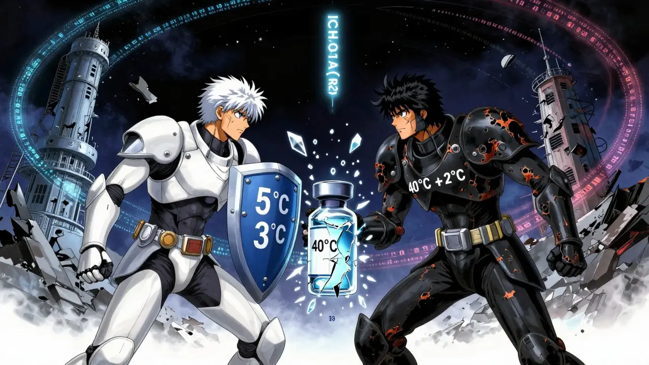 冷蔵保存薬品と加速試験条件の対立を、装甲戦士の戦いとして描いたアニメ風の構図。