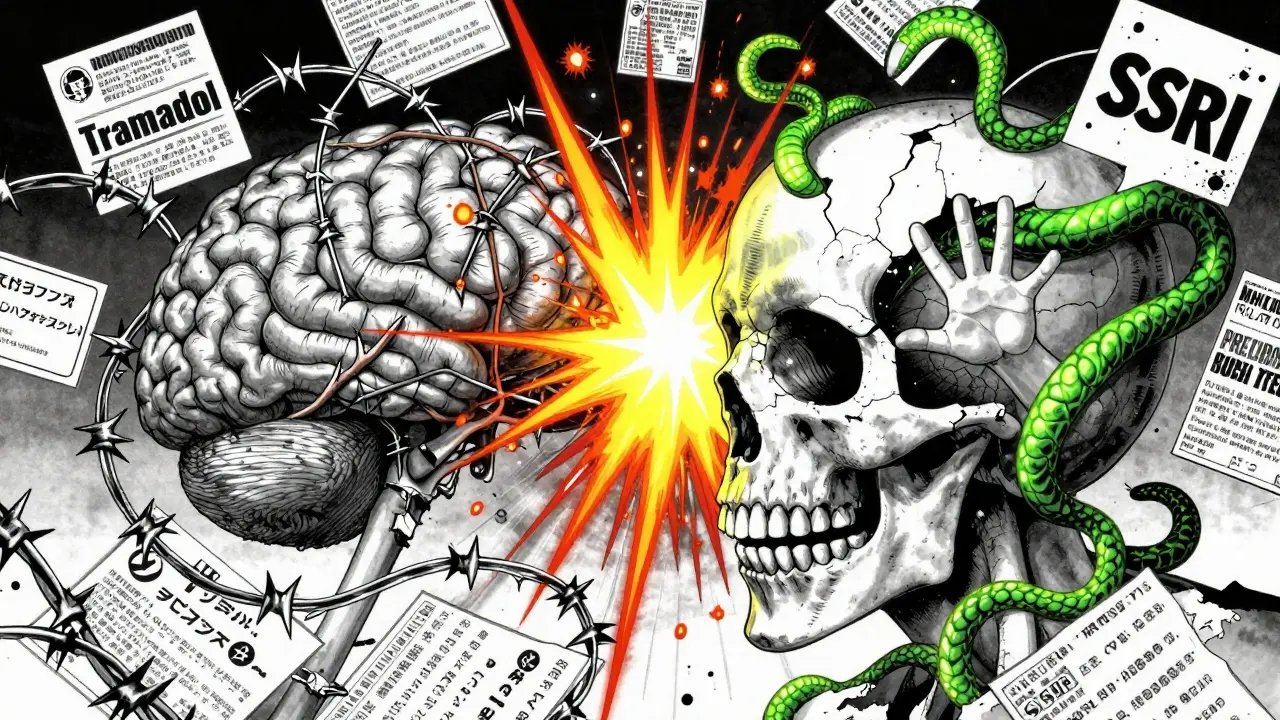 脳内神経回路にトラマドールとSSRIが衝突し、火花を散らす様子。