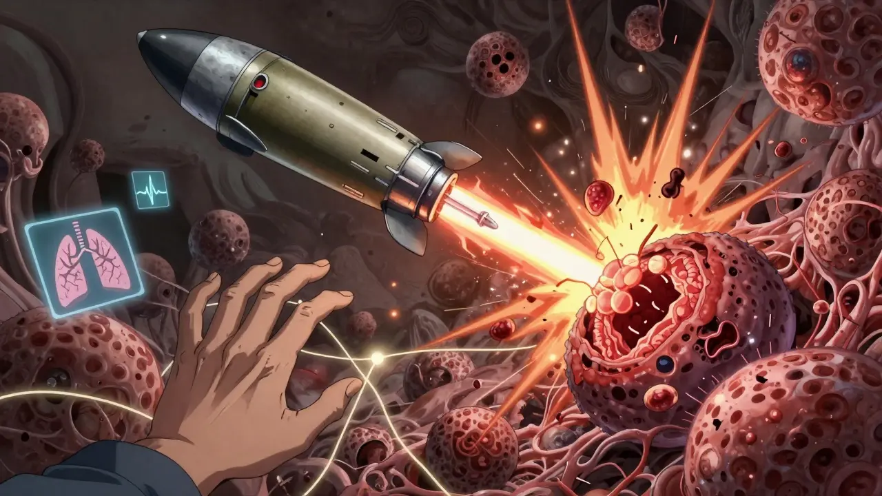 人体内での戦い：T-DXdミサイルがHER2受容体を破壊し、がん細胞が爆発するダイナミックなシーン。